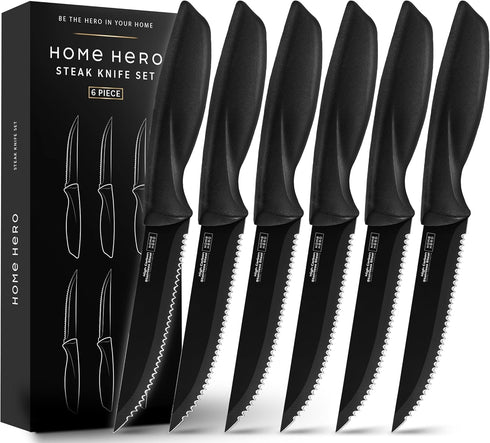 Home Hero Steak Knives, Razor-Sharp Steak Knives Set, High-Carbon Stainless Steel Steak Knife Set, Ergonomic Handles Serrated Steak Knives for Pre...