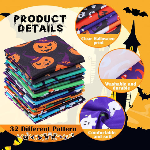32 Pieces 10 x 10 Inches Halloween Fabric Holiday Quilting Fabric Halloween Fat Quarters Printed Fabric Sewing Craft Fabric Bat Pumpkin Ghost Skul...