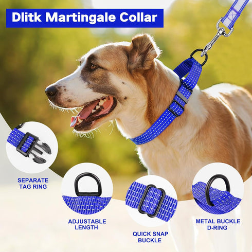 Martingale Dog Collars, Adjustable Reflective Nylon Dog Collar for Training Dogs, No Pull Dog Choker Collar for Medium Large Dogs (L, Navy Blue)...
