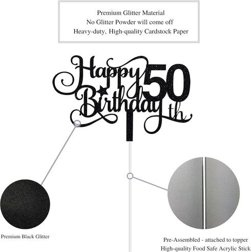 Black Glitter 50th Birthday Cake Topper, Happy 50th Birthday Cake Topper, 50th Birthday Party Decorations...