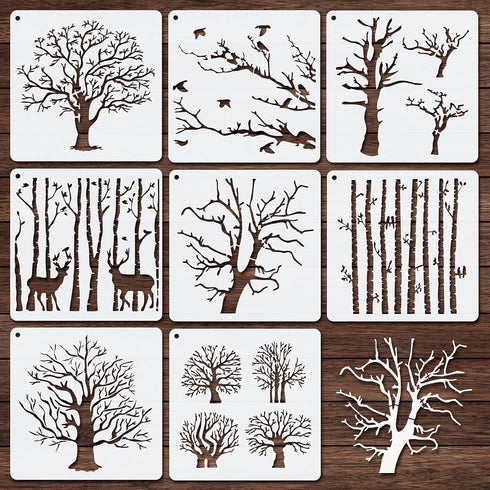 8 Pieces Reusable Tree Stencils Aspen Trees Stencils Reversed Branches Stencils Painting Tree Template Plastic Drawing Stencils for Canvas Wood Wa...