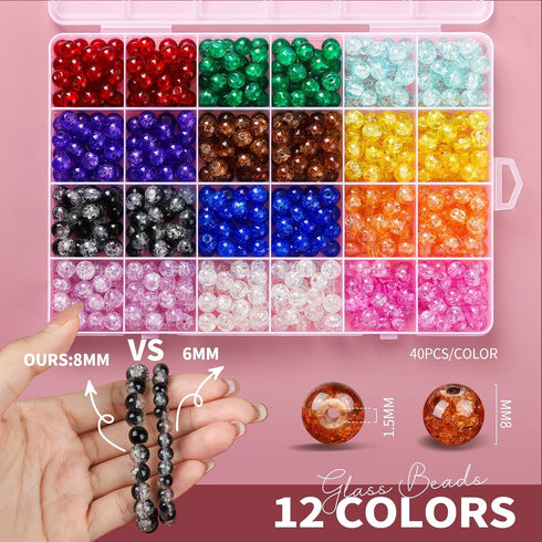 LEOBRO Crackle Glass Beads for Jewelry Making, 8MM Beads for Bracelets, Circle Crystal Bead Set, Crackle Glass Beads for Jewelry Making, Bulk Brac...
