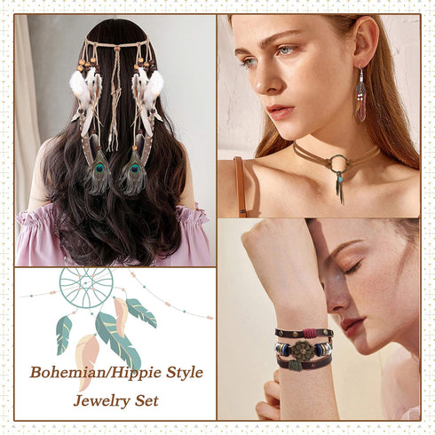 Jstyle Jewelry Set for Women, Feather Headdress Dangle Earrings Leather Suede Choker Necklace Bracelet Hippie Bohemian Retro Jewelry A...