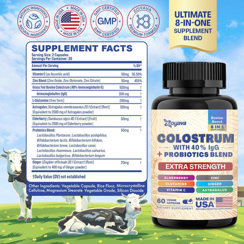 Bovine Colostrum Supplement Capsules, Grass Fed Cow Colostrum with 40% IgG 500MG, Probiotics 50MG, Elderberry 2000MG, L-Glutamine 200MG, Astragalu...
