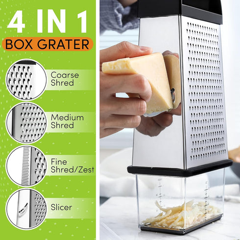 Spring Chef Professional 10" Parmesan Cheese Grater With Container, Stainless Steel & Soft Grip Handle, 4 Sided Kitchen Cheese Shredder, Handheld ...