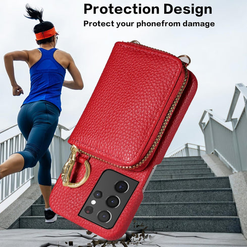 Furiet Wallet Case for Samsung Galaxy S21 Ultra 5G with Shoulder Strap Ring Buckle, Luxury PU Leather Zipper Flip Organ Purse, Card Holder Stand C...