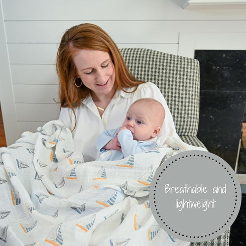 Swaddle Blanket | 100% Muslin Cotton | Gender Neutral Newborn and Baby Nursery Essentials for Girls and Boys, Registry | Sailboat Print...