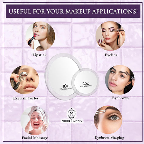 MIRRORVANA 20X & 10X Magnifying Mirror Set with 3 Suction Cups Each - Compact & Travel Ready Mirror for Makeup - Sizes: 6" and 4" Wide...