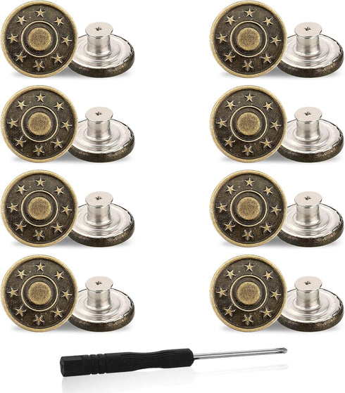 Jeans Buttons Replacement, 8PCS Instant No Sew Buttons for Pants Removable Metal Pant Buttons Tightener Adjustable Button Replacement Kit with Thr...