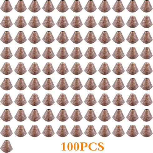 100pcs Antique Red Copper Bead Cone End Caps Tibetan Alloy Spacer Bead Caps Cones Tassel Flower End Caps Accessories for DIY Bracelet Earrings Jew...