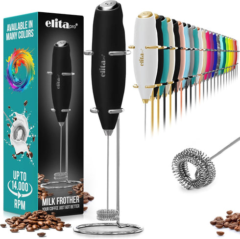 ElitaPro Powerful Milk Frother Wand - Handheld Coffee Frother - Mini Foam Maker With Stand - Whisk Drink Mixer & Foamer for Coffee, Latte, Cappucc...