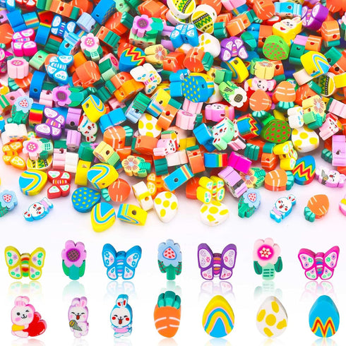 SEPGLITTER Easter Polymer Clay Beads,300pcs Bunny Flowers Carrots Eggs Butterflies Mixed Spacer Beads for Spring Easter Jewelry Making DIY Bracele...