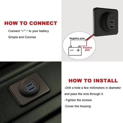 RV USB Outlet DAMAVO YM1236 Panel Dual Port Charger Socket, 12V-24V Car Charger Female, Bus, Boat, Automotive Marine ATV Truck (Surface Mount Inst...