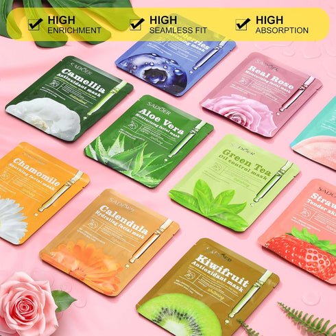 10 Pcs Combo Essence Face Masks Skincare Hydraiting Facial Mask Moisturizing Self Care Sheet Mask for Women Girls Home Spa Skin Care (Classic Styl...