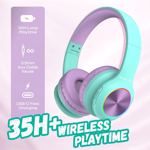 PowerLocus PLED Kids Bluetooth Headphones, Kids Wireless Headphones with LED Lights, 74/85/94dB Safe Volume, Micro SD, AUX Cable, Hi-Fi Stereo, Bu...