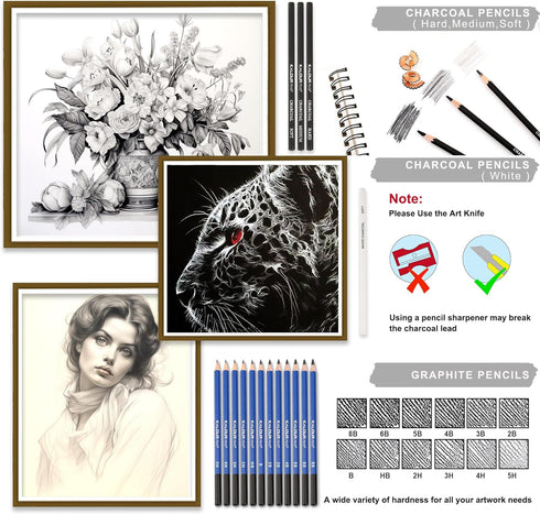 KALOUR Sketching Coloring Art Set - 38 Pieces Drawing Kit with Sketch Pencils,Watercolor Pencils,Charcoal,Brush,Eraser -Portable Zippered Travel C...