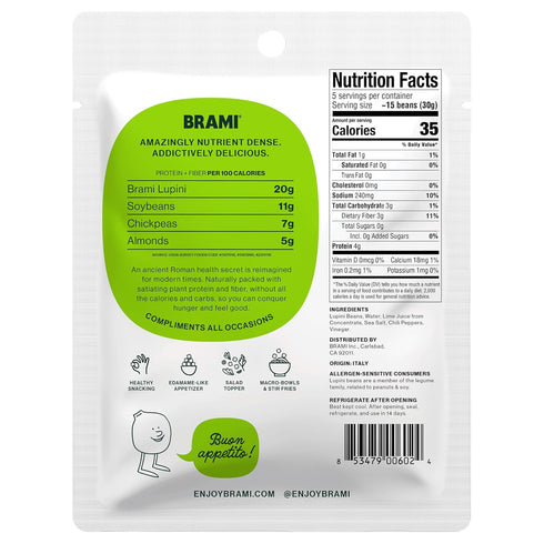 BRAMI Lupini Beans Snack, Chili & Lime, 7g Plant Based Protein, 0g Net Carbs, Vegan, Vegetarian, Keto, Mediterranean Diet, Non Perishable, 5.3 oz...