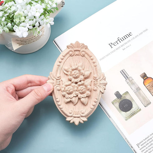 GORGECRAFT 2PCS Wooden Carved Onlay Appliques Oval Carving Decal Center Craft Unpainted Furniture Home Decoration Wood Carving Decal for Dresser B...