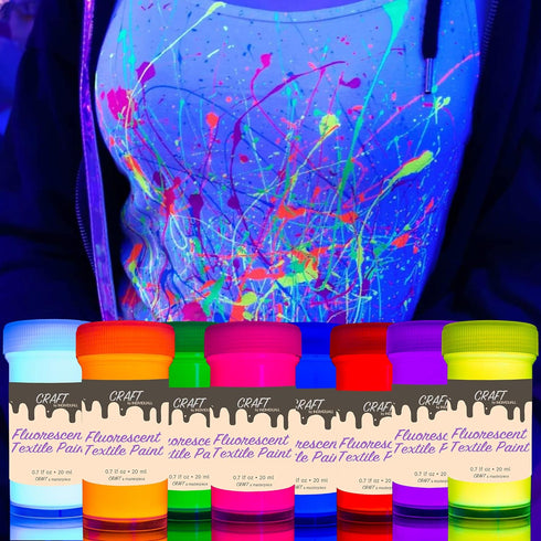 individuall Craft Textile & Fabric UV Paint - Set of 8 Fabric Neon Black Light Paints - Fluorescent Clothing Colors – Vibrant Glowing Paints - 8 x...