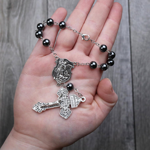 Needzo St. Michael Dark Gray Auto Rosary, Religious Car Accessories for Rearview Mirror, Catholic Gifts for Police Officers or Firefighters, 8 ½ I...
