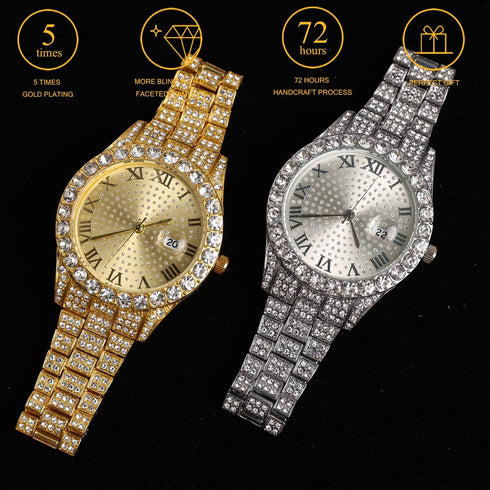 Halukakah Diamonds Gold Watch Iced Out,Men's 18K Real Gold/Platinum White Gold Plated 42MM Width Round Dial Quartz Wristband 9.5" with Cuban Link ...
