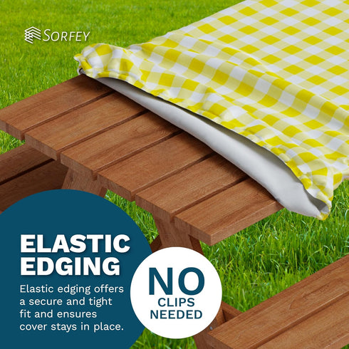 Sorfey Vinyl Picnic Table Fitted Tablecloth Cover, Checkered Design, Flannel Backed Lining, 28 x 72 Inch Blue...