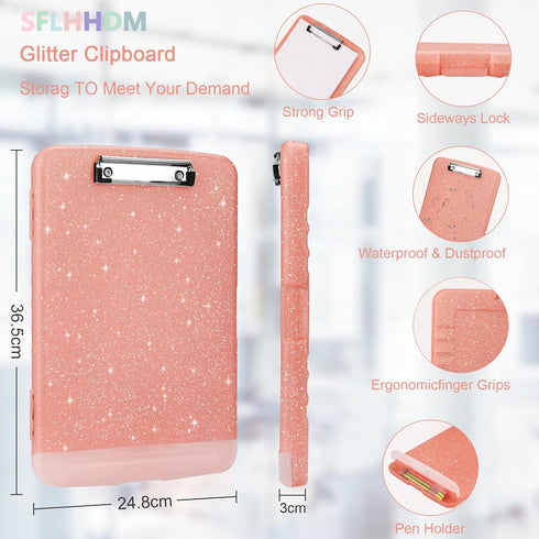 Glitter Clipboard with Storage,Storage Clipboard with Pen Holder,A4 Binder Clip Boards 8.5x11 with Low Profile Clip,Side Opening Sparkle Clipboard...