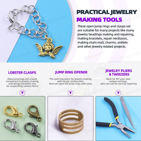 Swpeet 1414Pcs 4mm 5mm 6mm 8mm 10mm Open Jump Rings and Lobster Clasps with Jewelry Repair Tools Assortment Kit, Including Waxed Necklace Cords, 1...