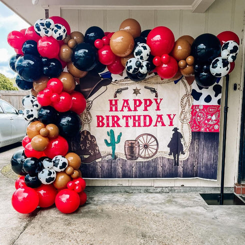 Mocsicka Western Cowboy Happy Birthday Backdrop Rustic Old West Rodeo Cowboy Background Red Bandana and Rustic Wood Kids Birthday Party Decoration...