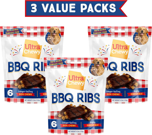 Ultra Chewy BBQ Ribs: Long-Lasting Treats for Large and Small Breeds, Highly Digestible, Made with Real Chicken (3 Value Packs)...