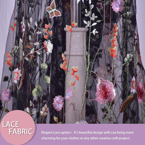 Black Lace Fabric, Exquisite Colorful Floral Flower Embroidered Sewing Lace Fabric, Length 71" Width 59" Elegant Soft Tulle Dress Fabric for DIY C...