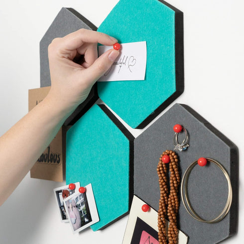Navaris Hexagon Felt Board Tiles - Set of 12 Notice Memo Bulletin Boards with Push Pins and Double-Sided Tape 5.9" x 6.7" - Dark Gray, Turquoise...