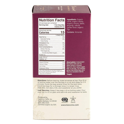 Teeccino Java Herbal Tea - Rich & Roasted Herbal Tea That’s Caffeine Free & Prebiotic for Natural Energy, 25 Tea Bags...