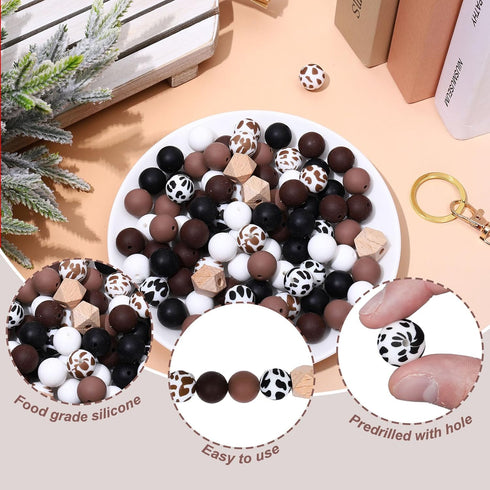 JarThenaAMCS 100Pcs Cow Print Silicone Beads Assorted Brown Black White Round Rubber Beads Keychain Making Kit with Elastic Rope Wood Beads Key Ri...