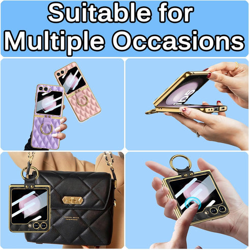 Miimall Leather Case with Metal Ring Holder Stand Compatible with Galaxy Z Flip 5, Built-in Screen Protector, Leather Cover with Electroplating Fr...