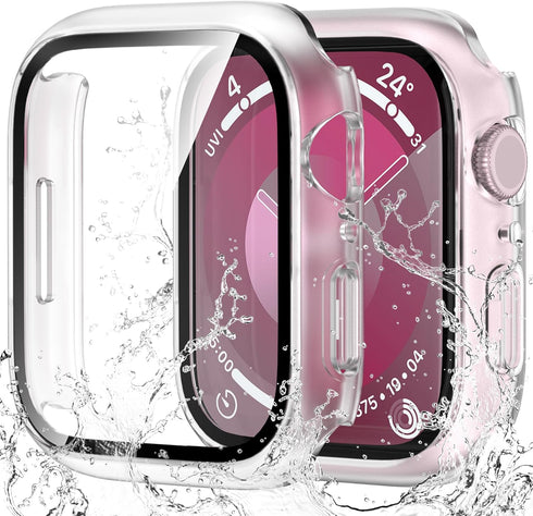 YMHML Waterproof Case for Apple Watch Series 9 41mm Screen Protector, 2 Pack New Upgrade Hard PC Bumper with Ultra HD Tempered Glass Touch Sensiti...