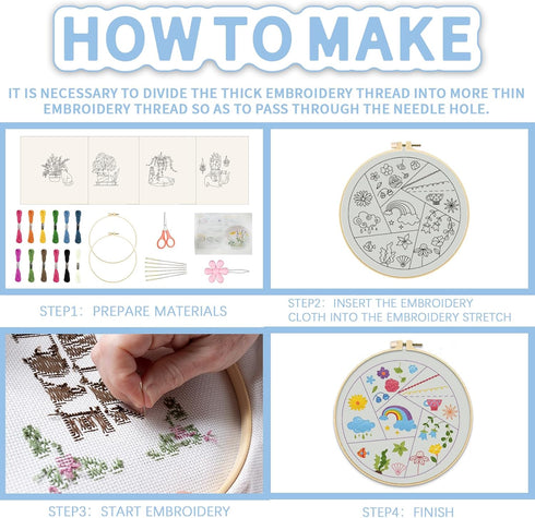 FREEBLOSS 4 Set 8inch Embroidery Kit for Beginners Learn Embroidery Stitches Kit Cross Stitch Kits Embroidery Starter Kit includes 2 Embroidery Ho...