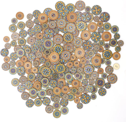 Wepetyo 400 Pcs Wooden Buttons, Mixed Random Blue Flower Painting Round 2 Holes Wood Wooden Buttons for Sewing Crafting(20mm,15mm,25mm)...