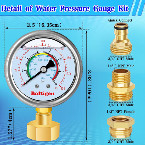 Water Pressure Gauge, 0-200 Psi Pressure Gauge Filled with Oil, 3/4" GHT Female Thread Water Pressure Test Gauge with 3 Adapters,for Home, industr...