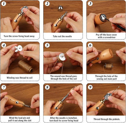 WILLBOND 12 Pcs Sewing Awl Kit Portable Leather Including Handheld Sewing Repair Awl Straight and Bent Needles and 8 Rolls Waxed Threads with Smal...