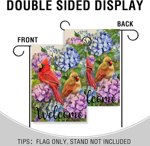 Welcome Summer Cardinal Red Birds Home Decorative Garden Flag, Yard Hydrangea Flowers Outside Decor, Spring Outdoor Small Burlap Decoration Double...