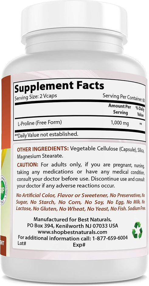 Best Naturals L-proline Amino Acid Dietary Supplement 500 Mg, 120 Count (817716014456)...
