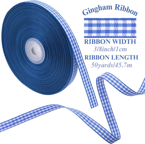 IDONGCAI Gingham Ribbon 3/8" x 50Yards Checkered Plaid Lace Ribbon for Crafts Gift Wrapping (Blue)...
