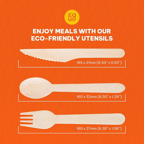EQUO Wooden Disposable Utensil Set (Pack of 30 Forks, Spoons, Knives - 10 each) - Plastic-free, Home-compostable, Heat-safe utensils for Parties, ...