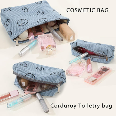 Cosmetic Bag 3PCS Pencil Pouch Smiley Face Bag Corduroy Cosmetic Bag Aesthetic Women Handbags Purses (BLUE)...