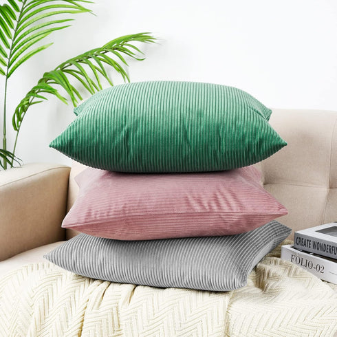 David's Home Corduroy Pillow Covers 18x18 Inches Set of 2-Decorative Cushion Covers for Couch Sofa Living Room-Stripe Throw Pillow Covers-Cameo Br...