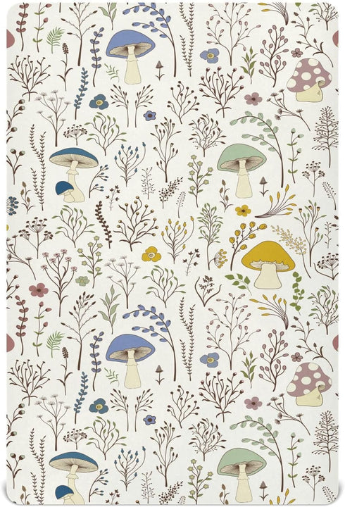 Fitted Crib Sheets Wild Plants Mushroom Stretchy Portable Playard Sheets for Baby Toddler, Breathable Soft Mini Crib Mattress 39 x 27 in for Boys ...