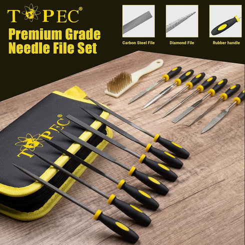 Topec Small File Set, Needle Diamond Files 15PCS, 7pcs Jewlers Files & 7pcs Steel Files with Metal Brush and Storage Bag?for Precision Metal File ...