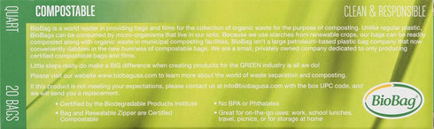 BioBag 100% Certified Compostable Resealable Food Storage Bags, 20 Count, Quart, Perfect for Refrigerator...