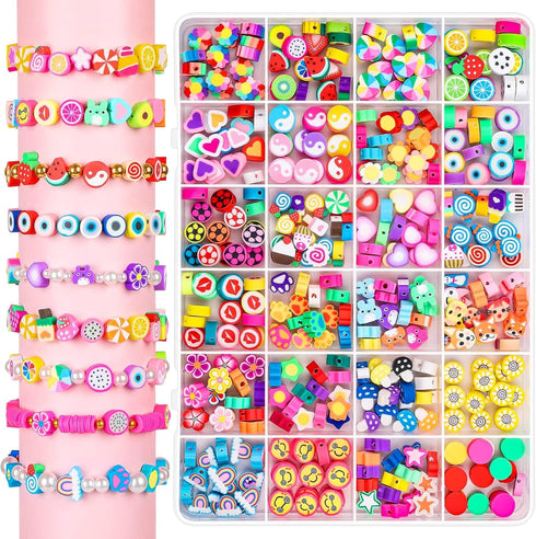 Thrilez 480 Pcs Fruit Flower Polymer Clay Beads, 24 Styles Clay Bead Charms for Bracelets Making, Jewelry Making, Necklace and Earring with Elasti...